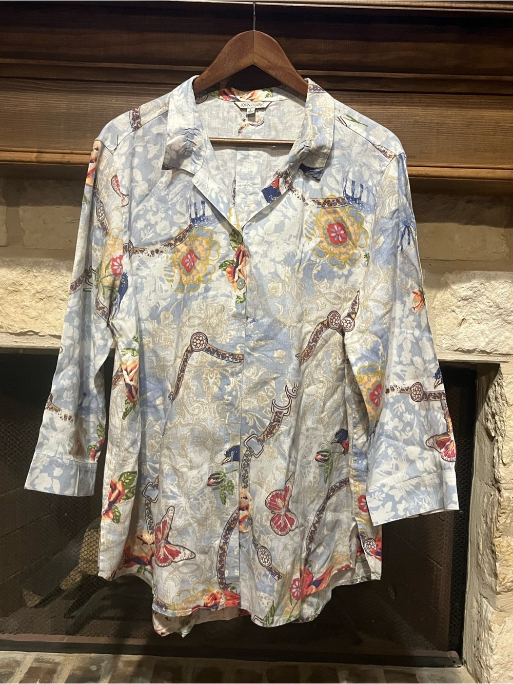 John Mark Linen Butterfly Floral Tunic Blouse Size L - Picture 2 of 7